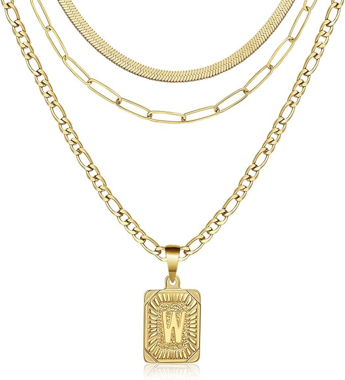Honsny Gold Initial Necklaces for Women,Dainty 18K Gold Snake Square Letter Pendant Figaro Chain ... | Amazon (US)
