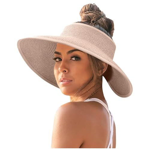 Wide Brim Hats for Women Rose Gold Foldable Sun Hats for Women Wide Brim Straw Visor Hats Uv UPF Roll-Up Ponytail Summer Visor Beach Hat Packable Floppy Travel | Amazon (US)