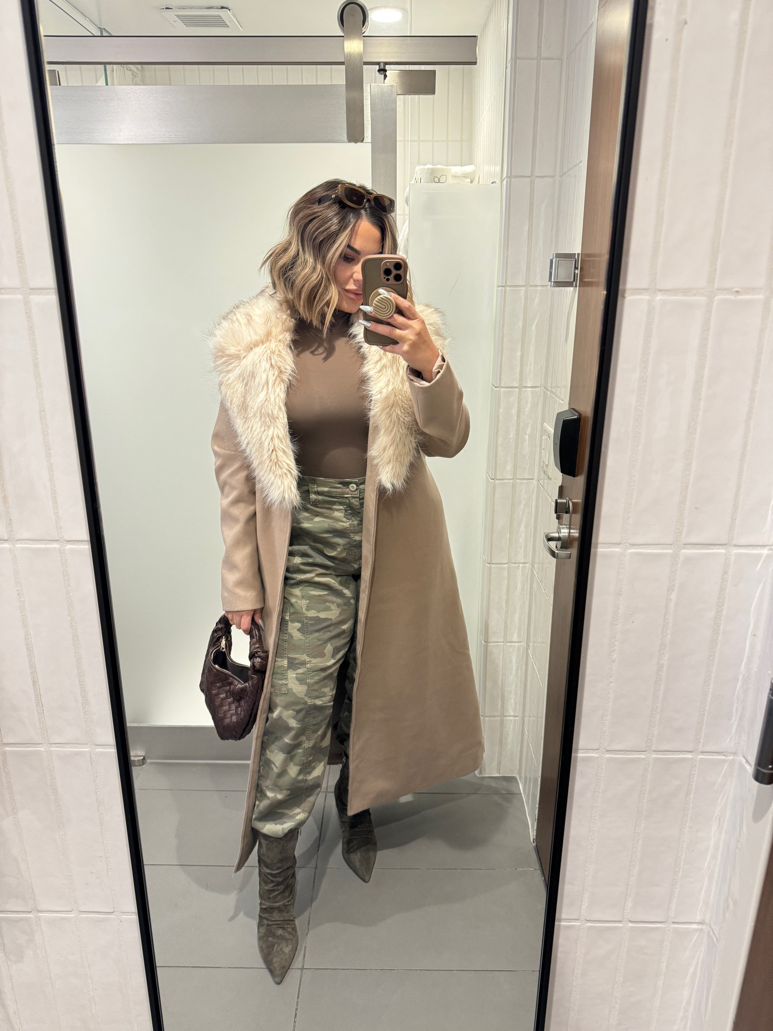 Pants size 12 def big could have done a 10 for a more fitted look. 
Coat xl ( linked exact and similar options ) 
Boots are wide calf booties great for tucking in pants at the bottom. 
Bodysuit L ( wearing cakes no bra required ) 

Lip liner - natural 
Lip stick Kim KW 
Lip gloss - pink ginger 


#LTKxVICI #LTKFindsUnder50 #LTKMidsize