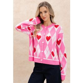 Red Heart Geometric Jacquard Buttoned Knit Cardigan in Pink | Chicwish