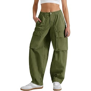 Fisoew Womens Barrel Baggy Cargo Pants Casual High Waisted Wide Leg Hiking Joggers with Pockets | Amazon (US)