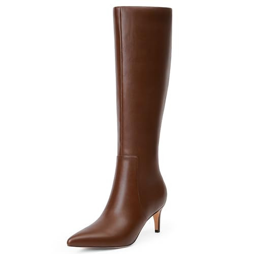 QIY Brown Knee High Boots for Women Fall Boots Brown Heel Boots Women Kitten Heel Pointed Toe Tall Boots Size 11 | Amazon (US)