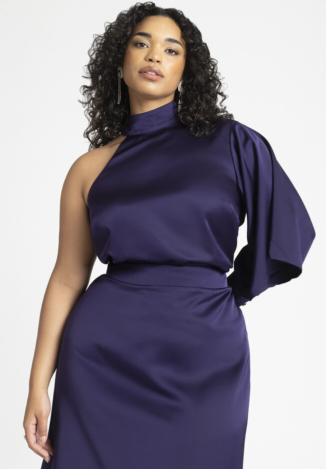 One Shoulder Satin Top With Draped Sleeve | Eloquii