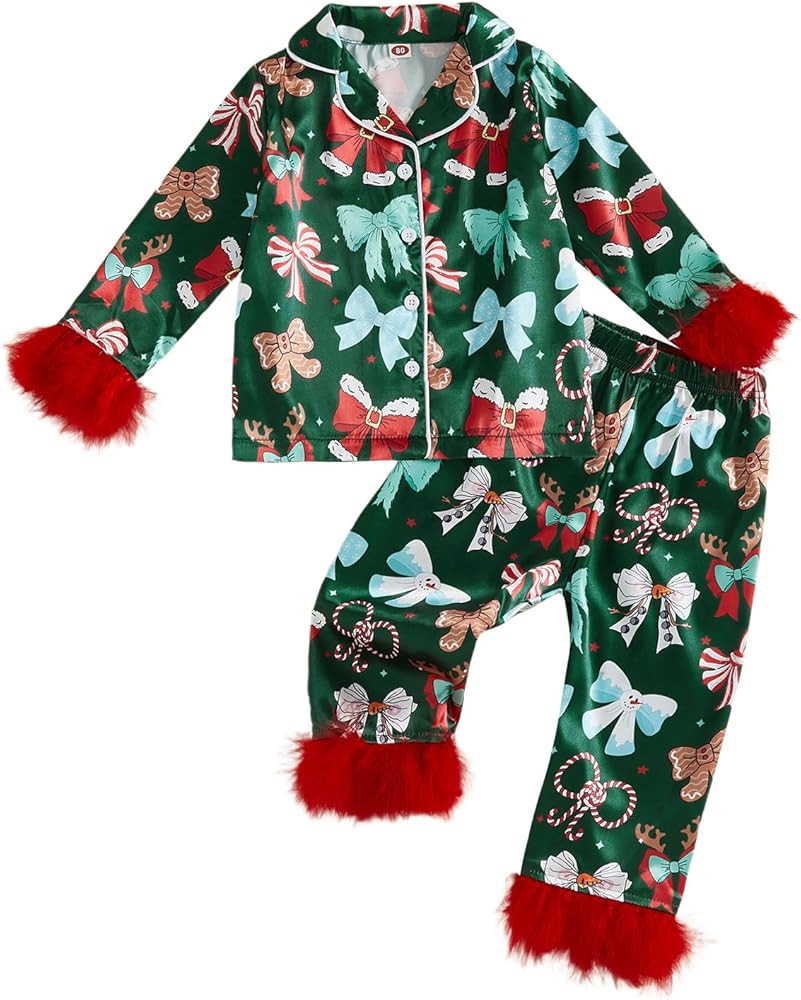 Hnyenmcko Toddler Baby Girl Christmas Satin Pajamas Fuzzy Trim Long Sleeve Santa/Bow Print Button... | Amazon (US)