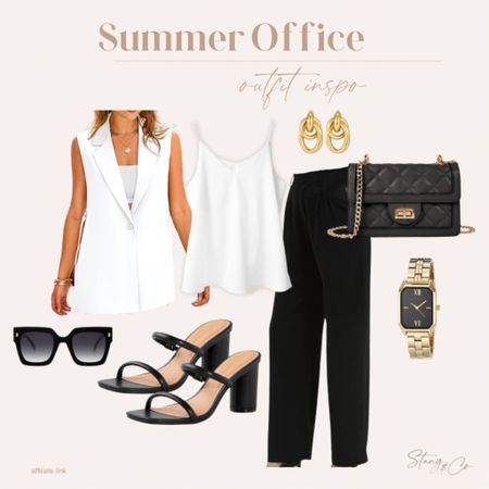 This summer office look includes black trouser pants (tall friendly!) paired with a white camisol and white sleeveless vest. I own this vest and it’s so great for summer! I’ve added strappy black heels, a black and gold crossbody bag, oversized sunglasses, gold earrings, and a gold watch.

Office look, business casual, ootd, amazon fashion, tall friendly outfit

#ltkfindsunder50 #ltkstyletip #ltkshoecrush