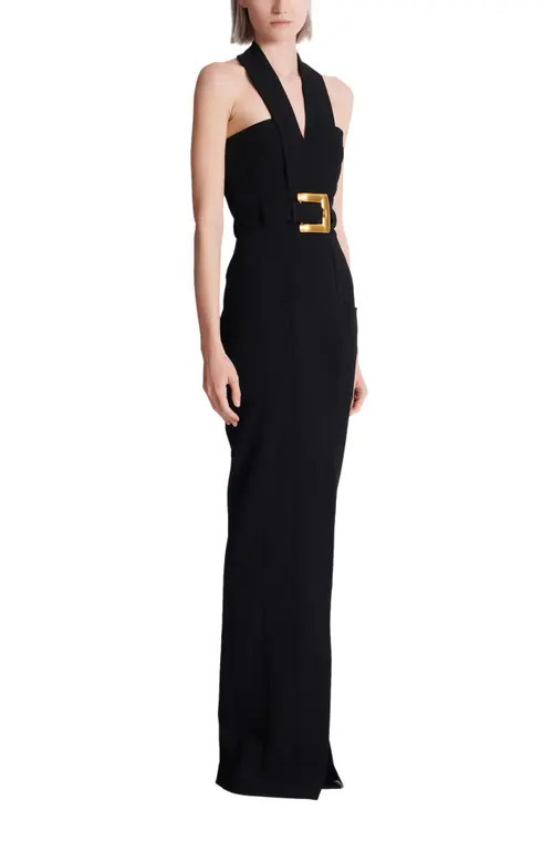 Balmain Long crepe dress with belt in Black at Nordstrom, Size 38 | Nordstrom