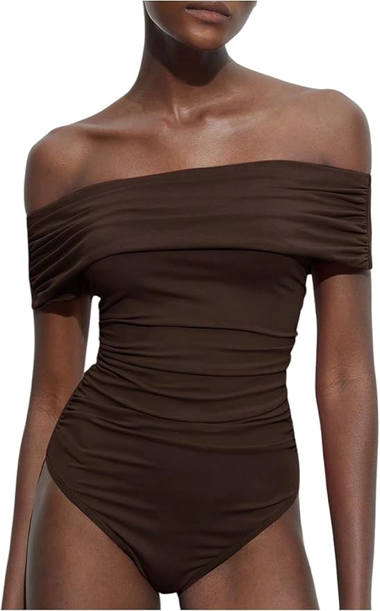 MakeMeChic Women's Off The Shoulder Bodysuit Ruched Going Out Body Suit Tops Skinny Sexy Leotard ... | Amazon (US)