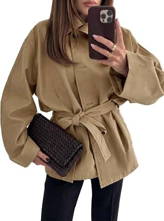 Tankaneo Womens Oversized Trench Coat Stand Collar Fall Jackets with Belted | Trendy Casual, Ligh... | Amazon (US)