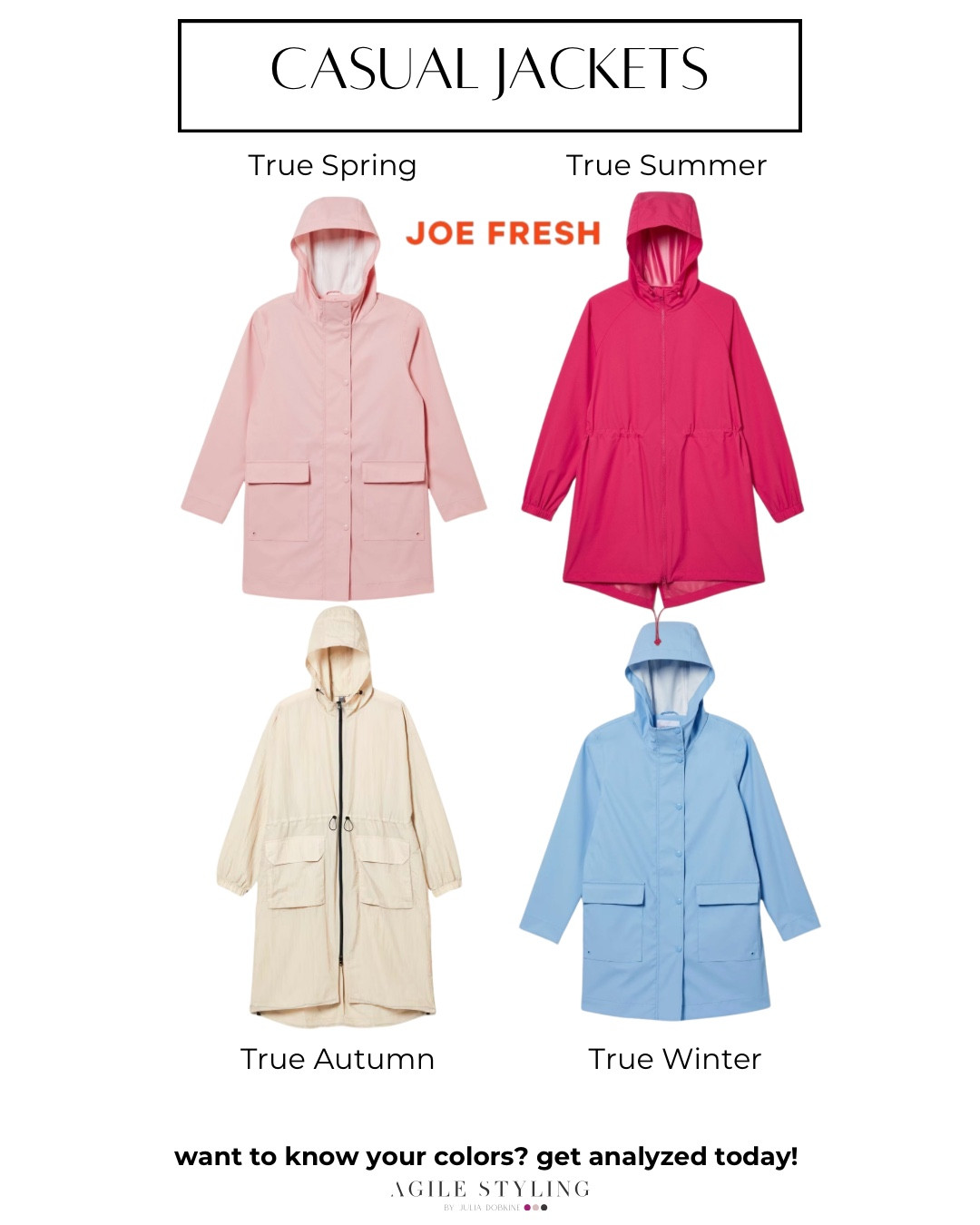 Casual Jackets for four home color seasons!

Don't know your colors? Book a virtual color analysis today and make shopping a breeze!

Disclaimer: The colors mentioned in this post may not be 100% accurate to the season, as they were chosen based on digital images from the website.

#LTKstyletip #LTKSeasonal #LTKfindsunder50