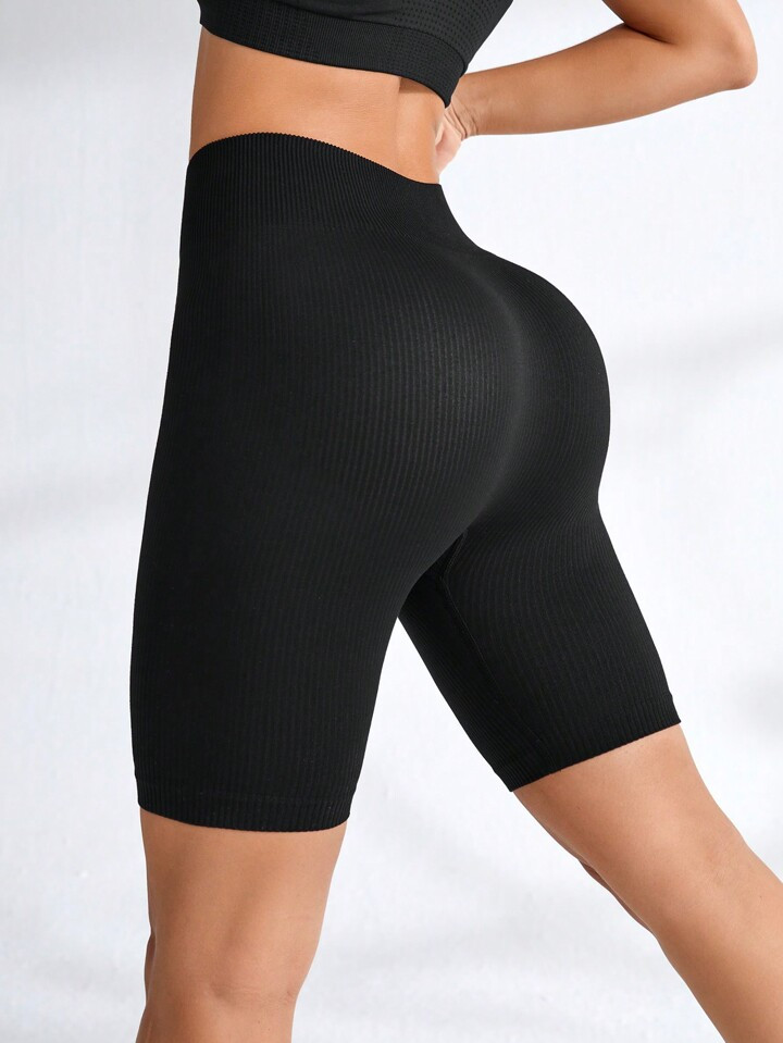 SHEIN Sport Lifespree Rib-Knit Seamless Sports Biker Shorts High Waisted Shorts Black Shorts Stre... | SHEIN