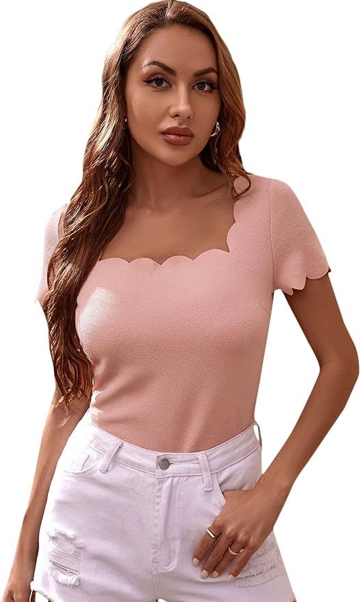 Milumia Women's Elegant Scallop Trim Square Neck Short Sleeve Work Office Blouse Top | Amazon (US)