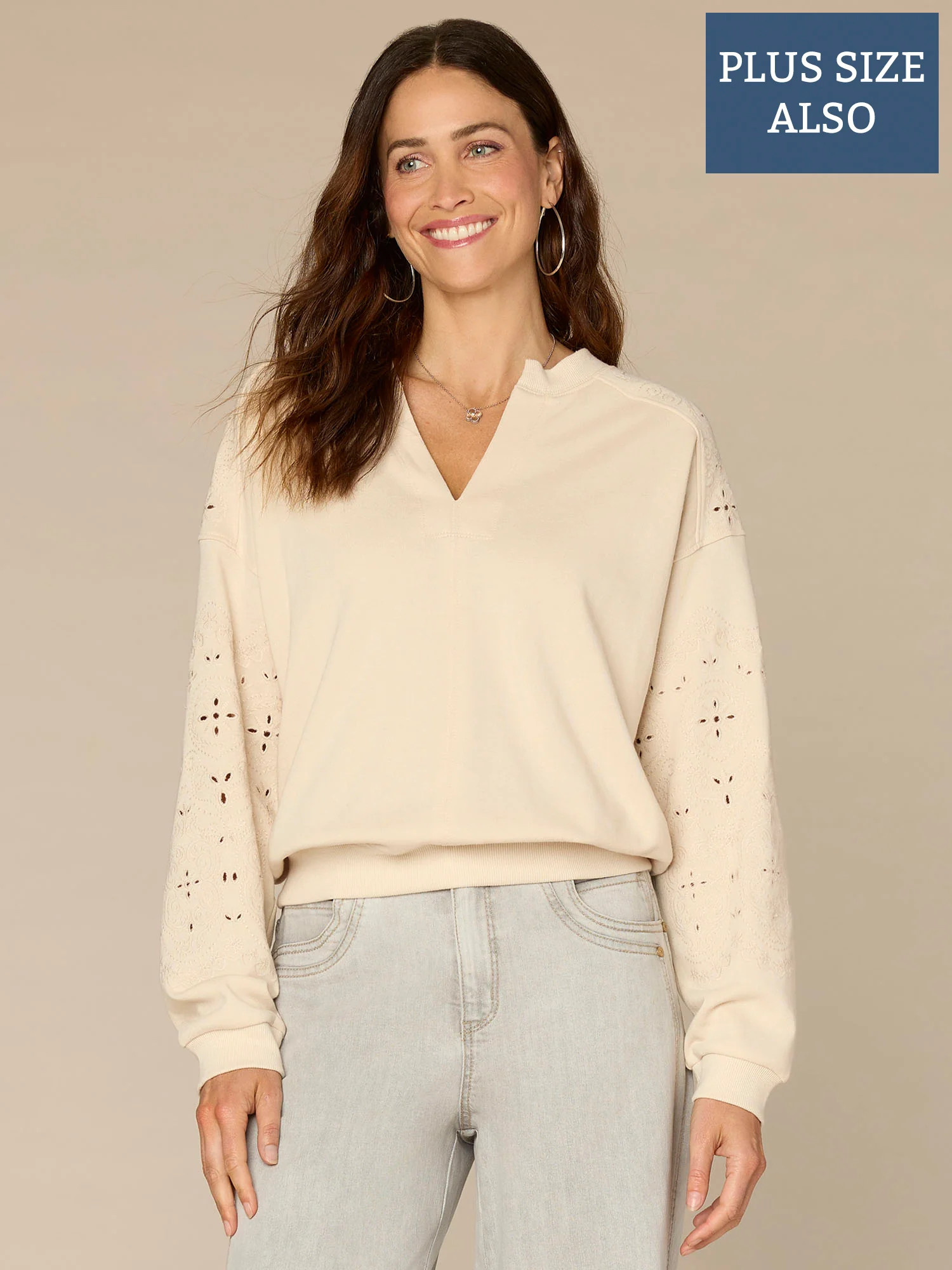 Long Blouson Sleeve Notch Neck Embroidered Plus Size Knit Sweatshirt | Democracy Clothing