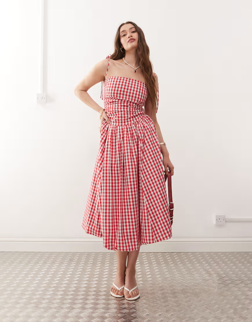 Amy Lynn Alexa tie shoulder puffball midi dress in red gingham | ASOS (Global)