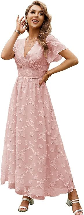 Simplee Women's Lace Floral Wedding Guest Formal Maxi Dress Summer Boho V Neck Short Sleeve Long ... | Amazon (US)