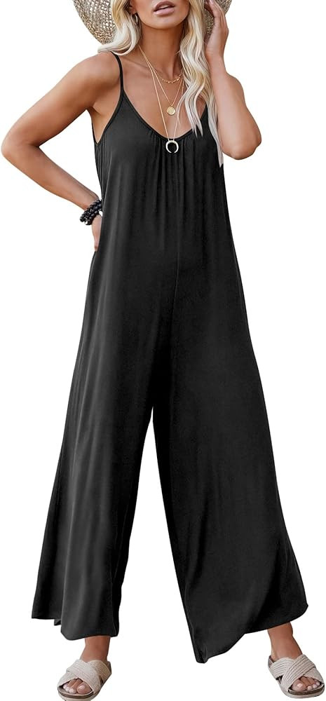 ANRABESS Women's Loose Casual Sleeveless Adjustable Spaghetti Strap Jumpsuits Stretchy Wide Leg Romp | Amazon (US)