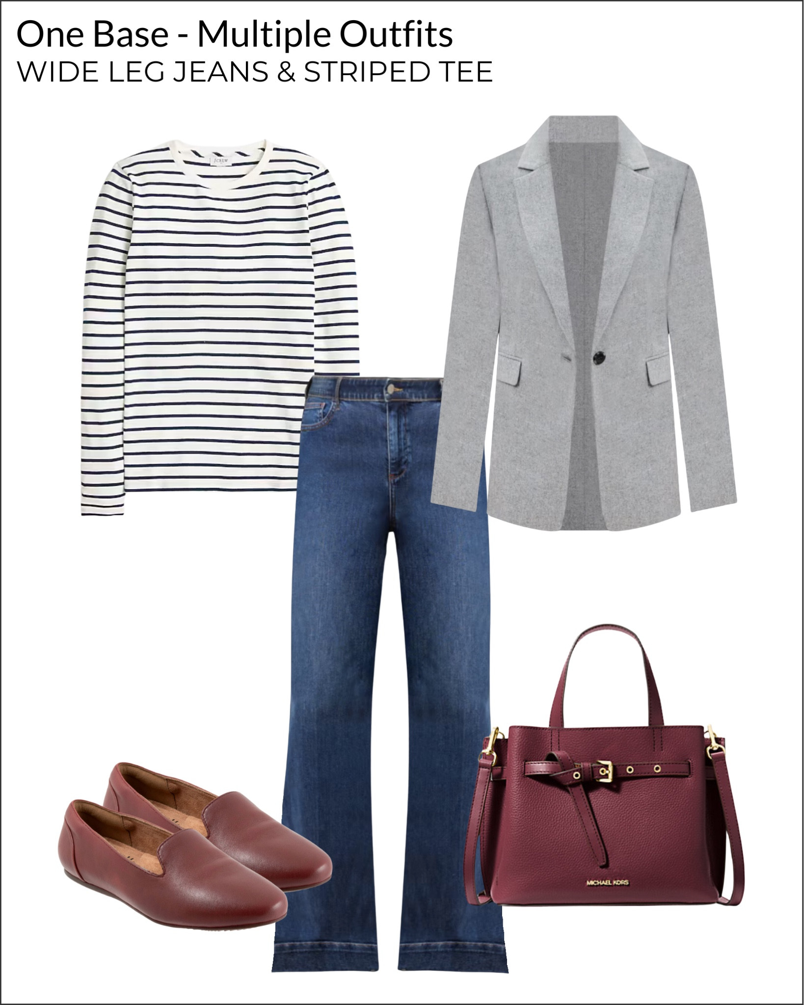 1 Base, 10 Outfits: How To Style Wide Leg Jeans And A Striped Tee In Multiple Budget-Buy Outfits

Gray blazer, burgundy loafers