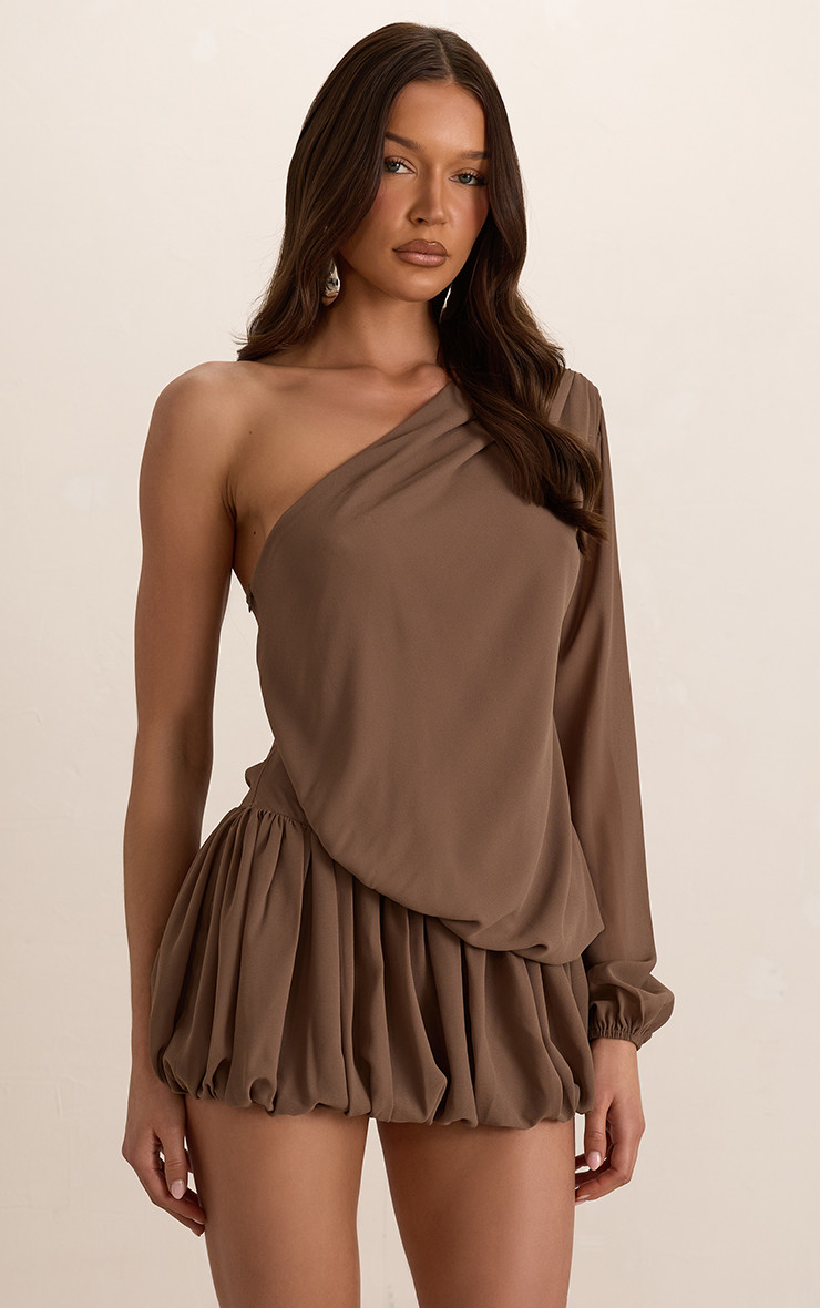 One Sleeve Open Back Puffball Mini Dress In Brown | EGO (UK)