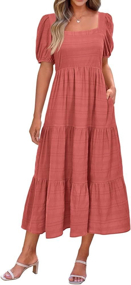 PRETTYGARDEN Women's Summer Dresses 2025 Puff Sleeve Square Neck High Waist Smocked A-Line Flowy ... | Amazon (US)