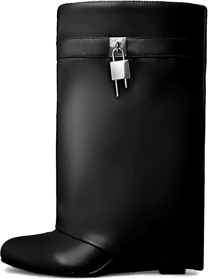 Yishaweiqi Padlock Ankle Boots Fold Over Wedge Heel Booties Wide-calf Short Boot | Amazon (US)