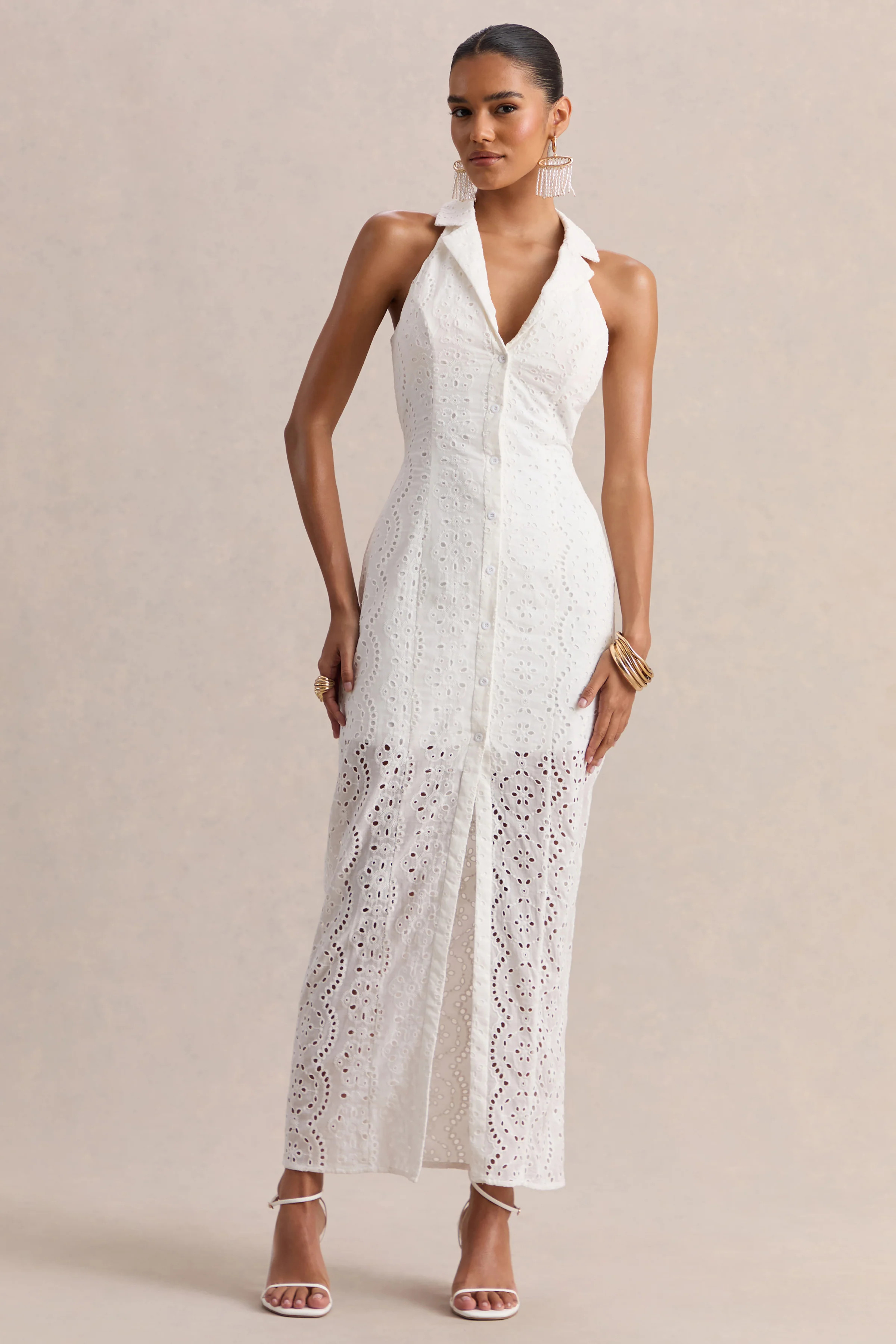 Tover | White Broderie Plunge-Neck Maxi Dress | Club L London