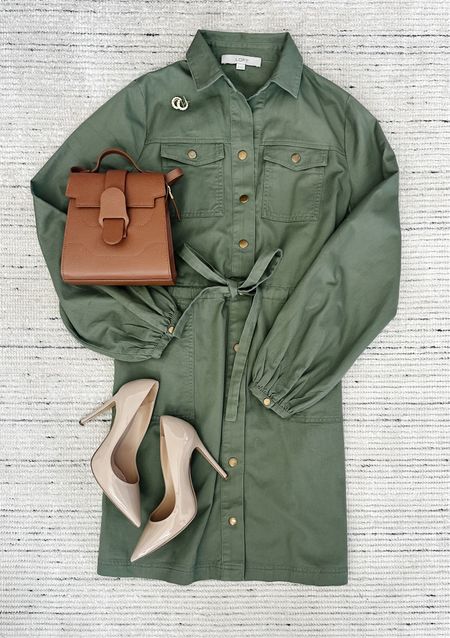 Winter outfit with green mini dress paired with pumps and accessories for a chic look. Love this for more casual workwear, teacher outfits and more 

#LTKSeasonal #LTKworkwear #LTKstyletip