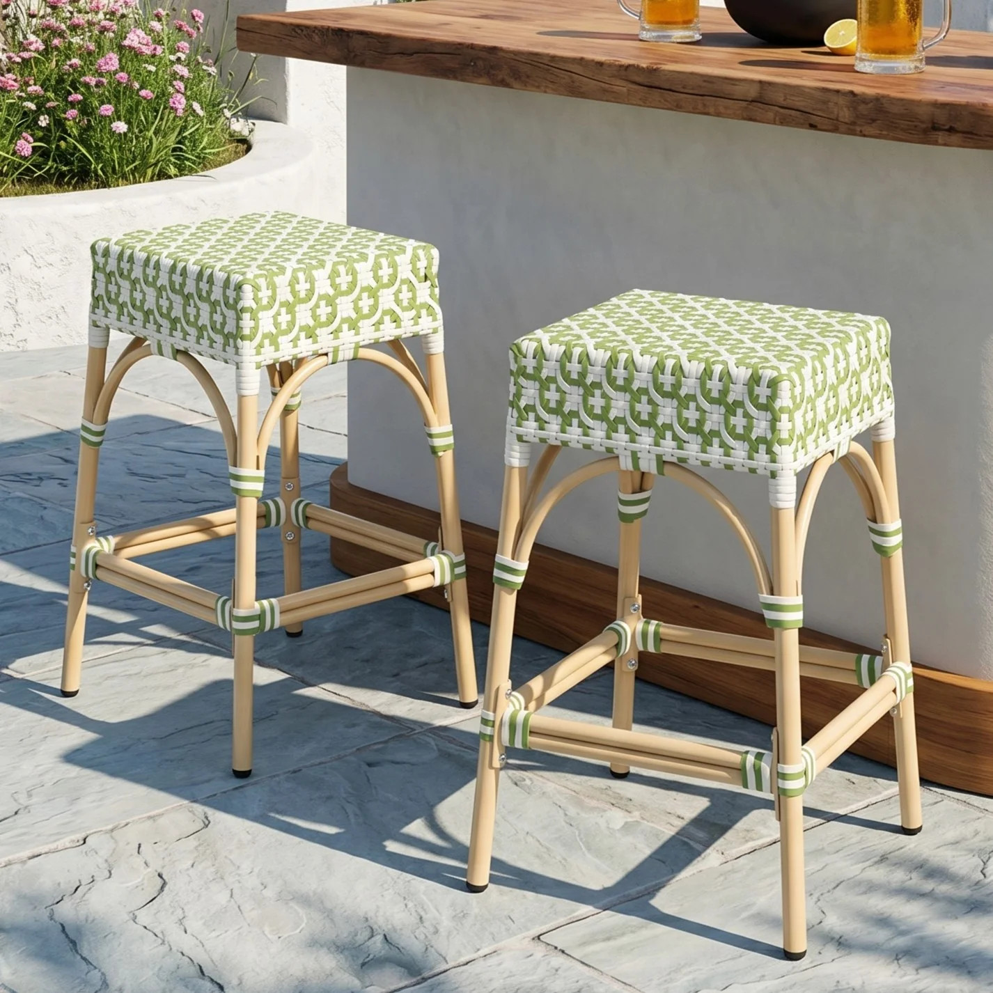 Bay Isle Home™ Coastal PE Woven Bar Stools - Indoor/Outdoor Boho Stools With Footrest - Tri-Color Block Patterns & Reviews | Wayfair | Wayfair North America