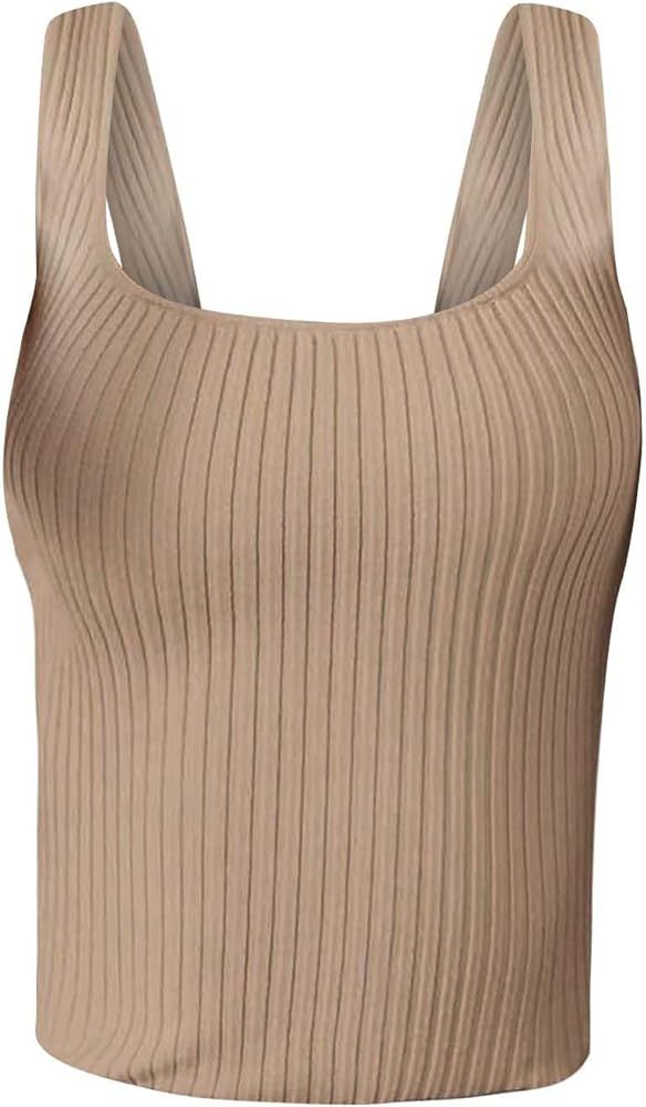 Cropped Blank Women's Ribbed Tank Tops Knit Square Neck Sleeveless Shirts Summer Casual Basic Tan... | Amazon (CA)