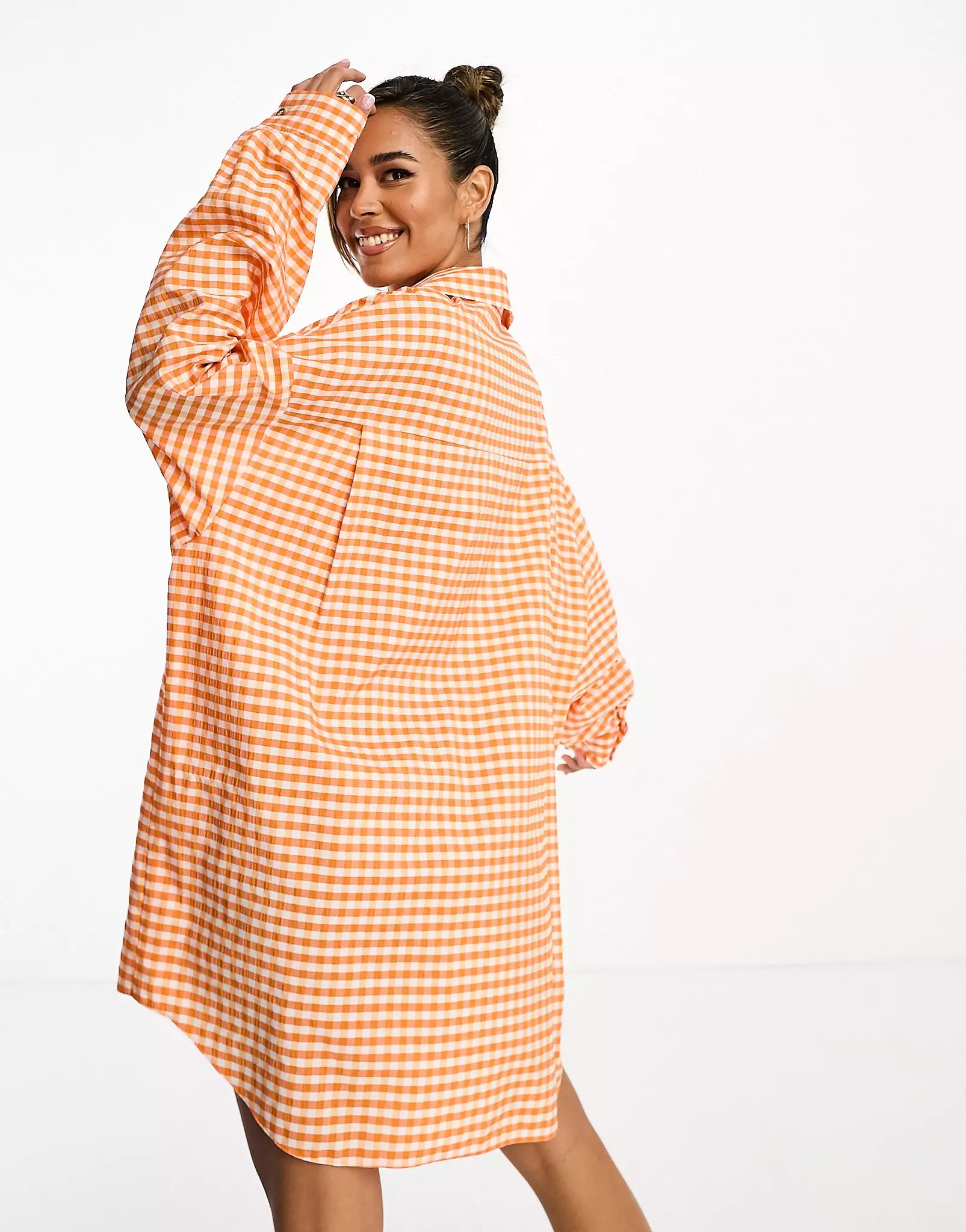 ASOS DESIGN oversized shirt dress with big dropped pockets in orange plaid | ASOS (Global)