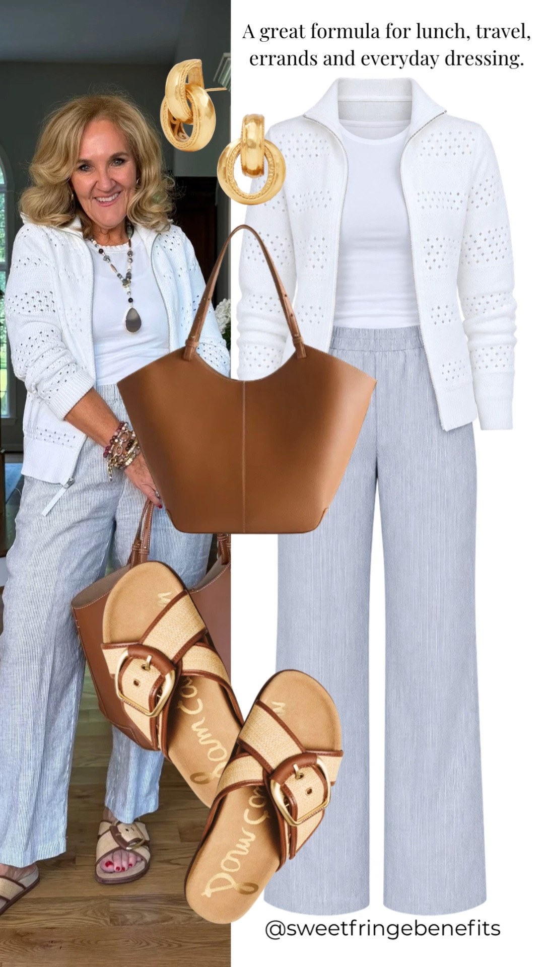 This white cardigan and light blue pants combination is such an easy warm-weather outfit formula. The delicate knit texture adds polish to simple white layers, while the relaxed pants and comfortable sandals keep the look effortless. It’s a great choice for lunch, travel, errands, or everyday dressing when you want to feel comfortable and pulled together.

💡 LTK MADE EASY
❤️ Heart = Support my posts!
🔖 Save = Get sale & restock alerts
📋 Lists = Keep favorites organized
📲 Share = Send lists and products to a friend. Hello, Christmas List!
💬 Comment = Ask me anything about what I'm wearing.:-)

#LTKTravel #LTKootd #LTKOver40