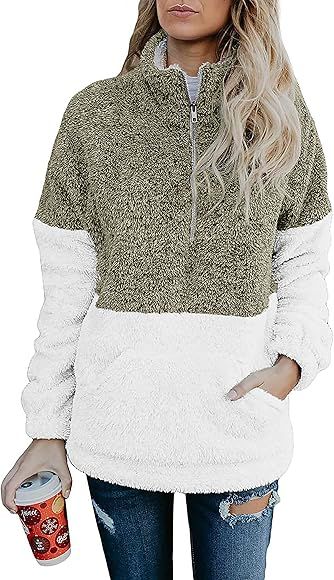 BTFBM Women Sherpa Pullover Quarter Zip Long Sleeve Fluffy Soft Fleece Jackets Sweaters Sweatshirts  | Amazon (US)