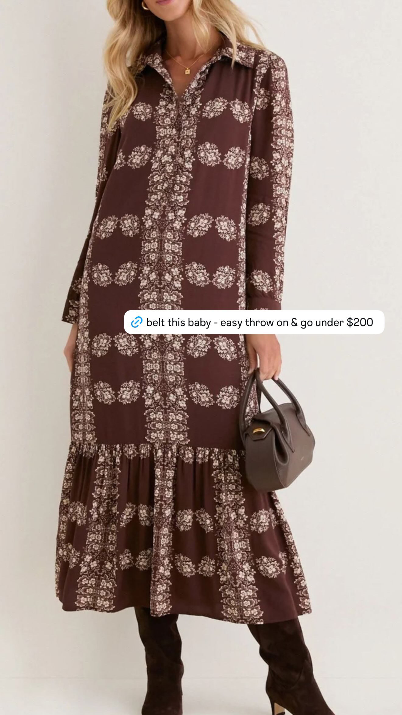 such an easy throw-on-and-go fall dress under $200. i love the rich chocolate print + relaxed shape, and i’d absolutely add a belt to give it a little more definition. so good with tall boots now, then layered with a cardigan or jacket once it gets colder.  

 #LTKSeasonal