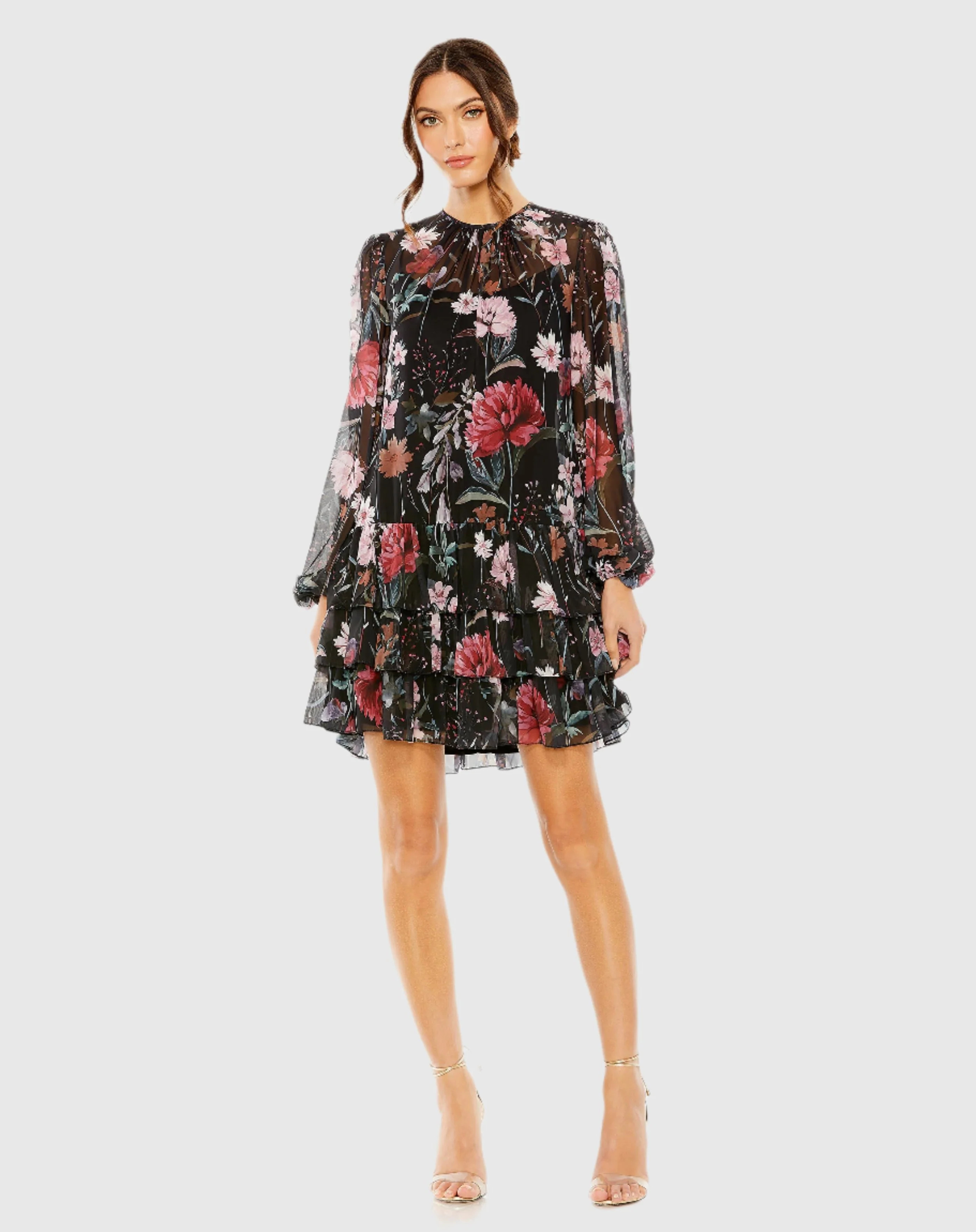 Floral Print High Neck Ruffle Hem Mini Dress | Mac Duggal