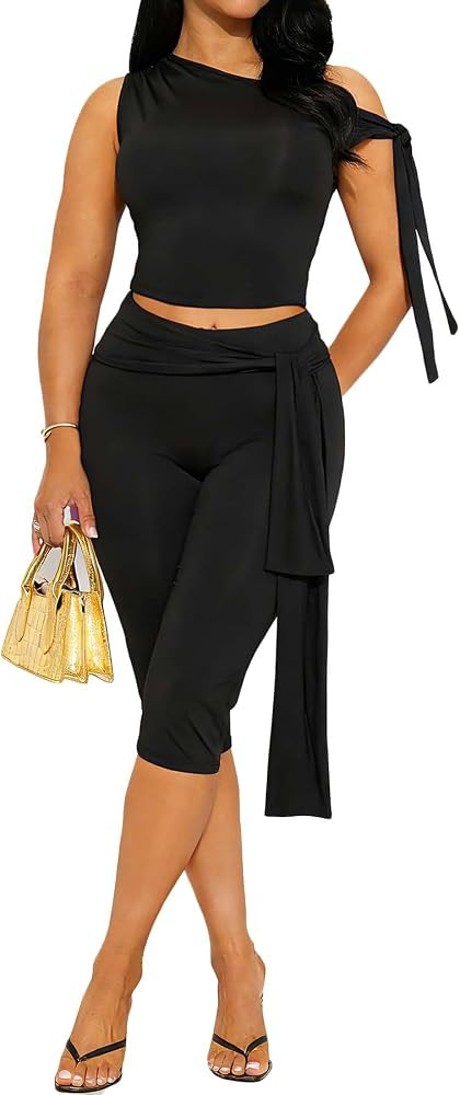 TZLDN Women Two Piece Outfits Off the Shoulder Tops Capri Pants Set Co Ord Set Party Going Out | Amazon (UK)