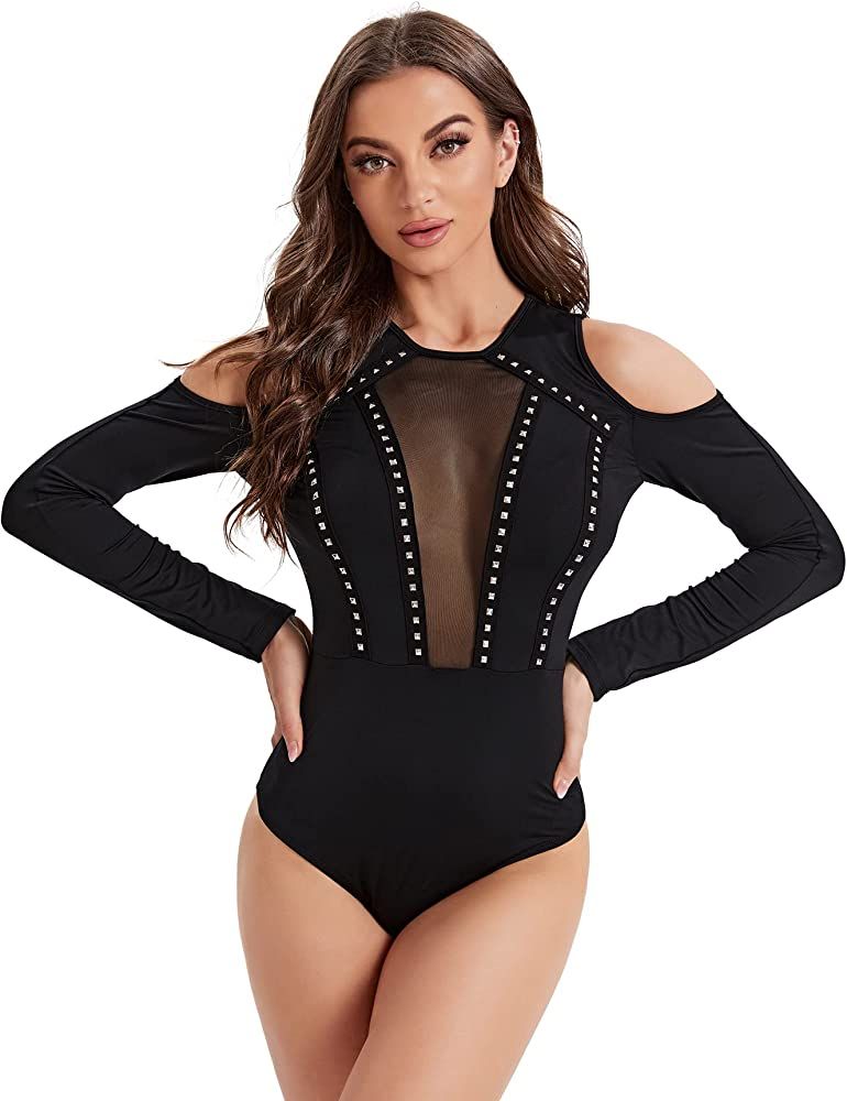 SweatyRocks Women's Cold Shoulder Fringe Long Sleeve Sheer Mesh Jumpsuit Bodysuit | Amazon (US)