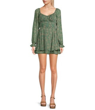 Floral Print Long Sleeve Corset Tiered Dress | Dillard's