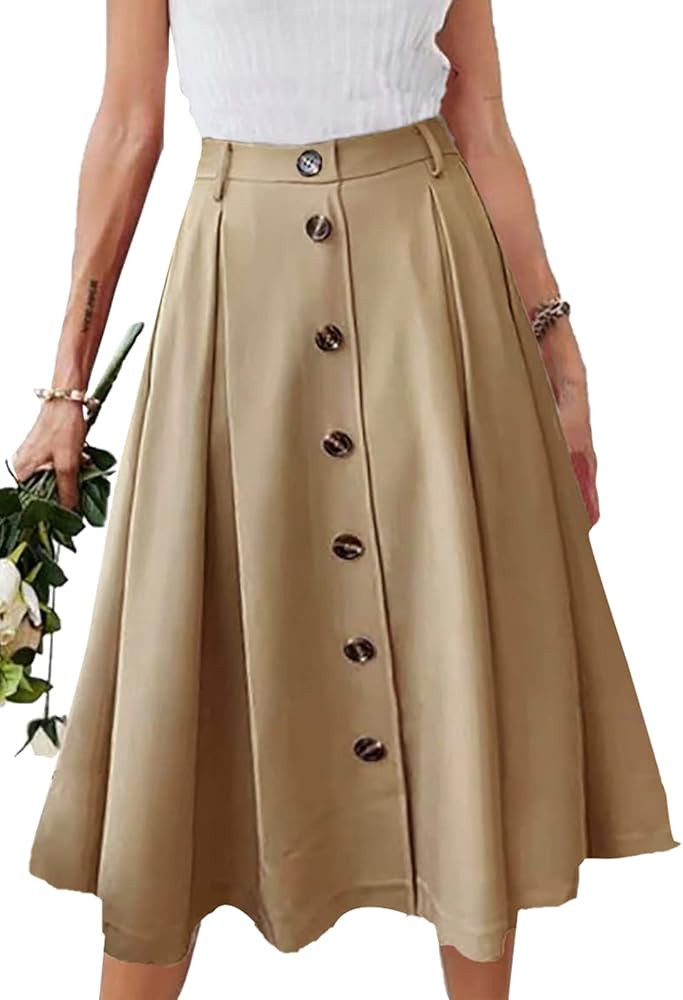 HERBATOMIA Pleated A-line Midi Skirt Elastic Waist Button Front Casual Flared Long Skirts with Po... | Amazon (US)