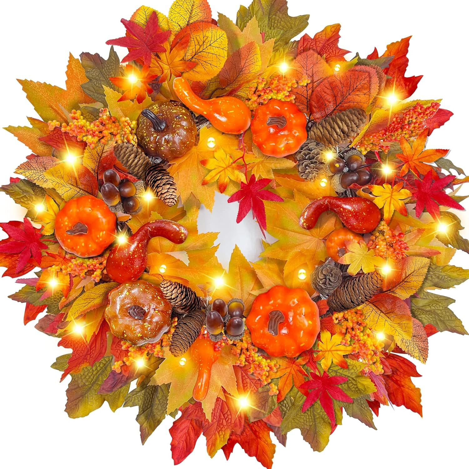 [ Thick & Timer ] 20 Inch Fall Wreath Decor 20 LED 7 Styles 5 Mixcolor 88 Maples Leafed 10 Pumpki... | Amazon (US)
