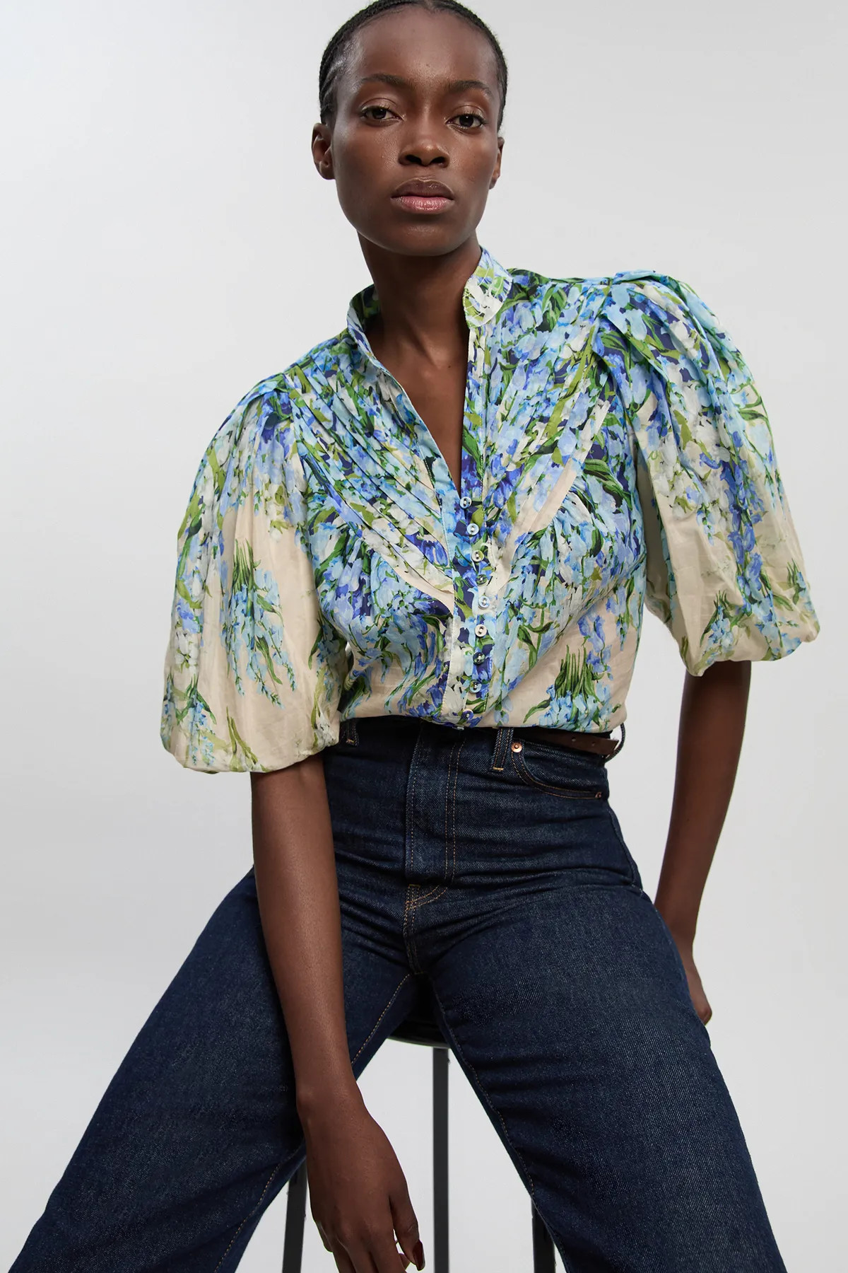 Blue Floral Silk Cotton Puff Sleeve Woven Blouse | Karen Millen | Karen Millen UK + IE + DE + NL