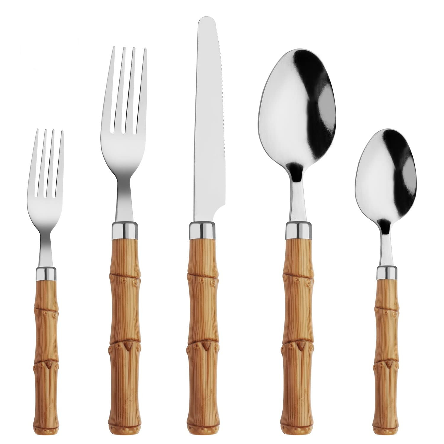 Bamboo Flatware Set 20 Piece, Hoften Plastic Handle Silverware Set for 4, Stainless Steel Cutlery... | Amazon (US)