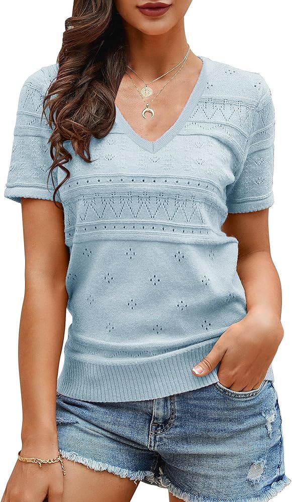 Saodimallsu Womens Cute Short Puff Sleeve Sweaters Loose Crew Neck Lightweight Pointelle Knit Pullov | Amazon (US)