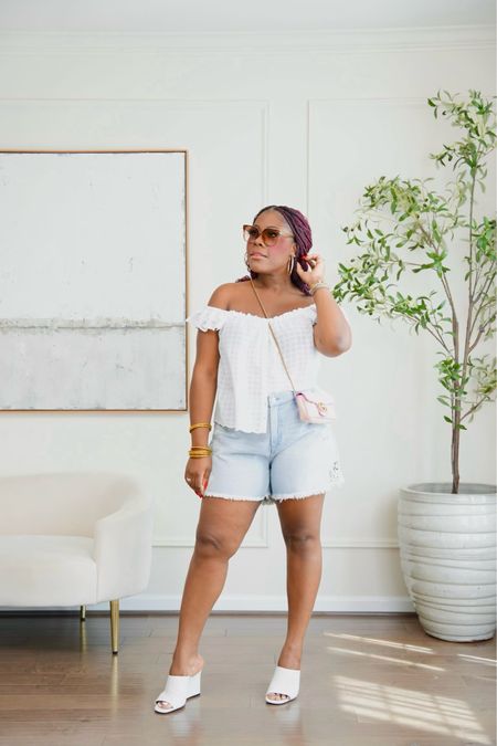 Summer outfit idea , denim shorts , white top , off the shoulder outfit , Memorial Day weekend outfit , blue and white outfit , denim shorts outfit 

#LTKSeasonal #LTKMidsize