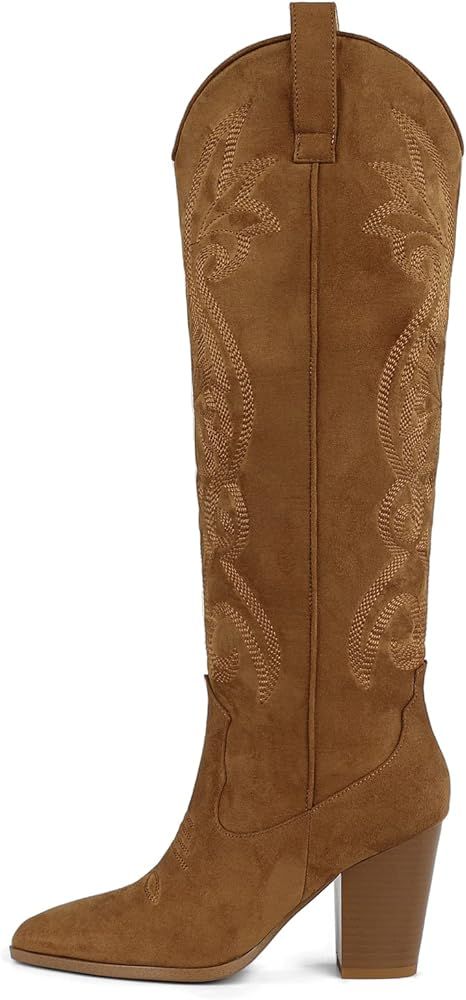 Women Western Knee High Boots Embroidered Chunky Block Heel Cowboy Boots Pointed Toe Pull on Cowgirl | Amazon (US)