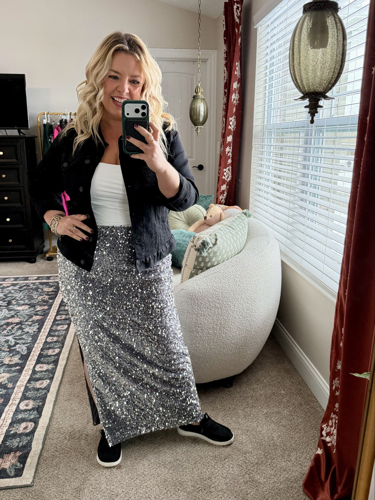 $16 sequin maxi skirt & the BEST stretch jean jacket for just $10, both from Walmart! Don’t be afraid to find a reason to wear the sequins this holiday season! I dressed them down with tennis shoes for this look!

#LTKFindsUnder50 #LTKMidsize #LTKHoliday