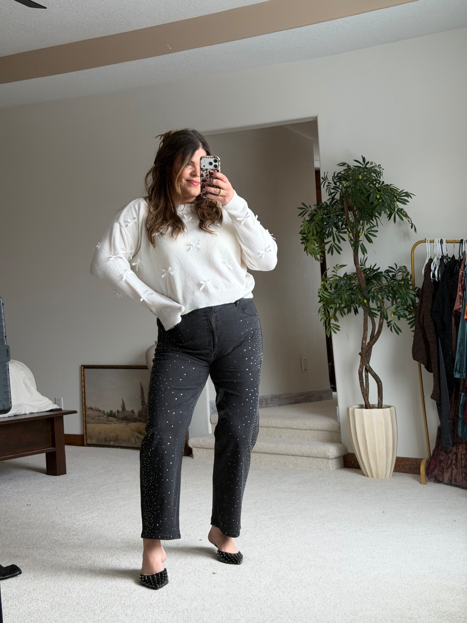 Midsize and thick tummy approved holiday outfit! 
Sequin / rhinestone jeans // wearing size 14- these have really good stretchy, booty support, fit like a midrise!

Bow sweater // wearing size large! Fits a little more cropped. 
Christmas outfit, holiday outfit, Christmas party, holiday party, winter wedding guest

#ltkmidsize #ltkgiftguide #ltkholiday