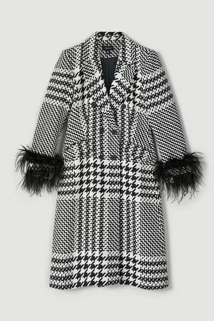 Mono Italian Dogtooth Feather Cuff Check Fitted Coat | Karen Millen US