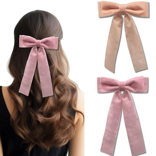 Jseng 2PCS Velvet Bow Hair Clips, Pink Ribbon Bow Hair Clips for Women, Ponytail Holder Accessories Metal Clips Hair Bow for women Girls Teens, Apricot Pink+Pink | Amazon (US)