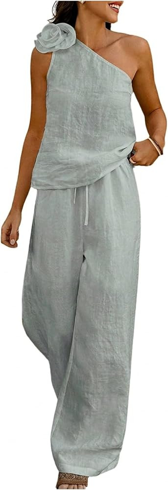 WDIRARA Women's 2 Piece Outfits 3d Floral One Shoulder Sleeveless Top Wide Leg Pants Sets | Amazon (US)