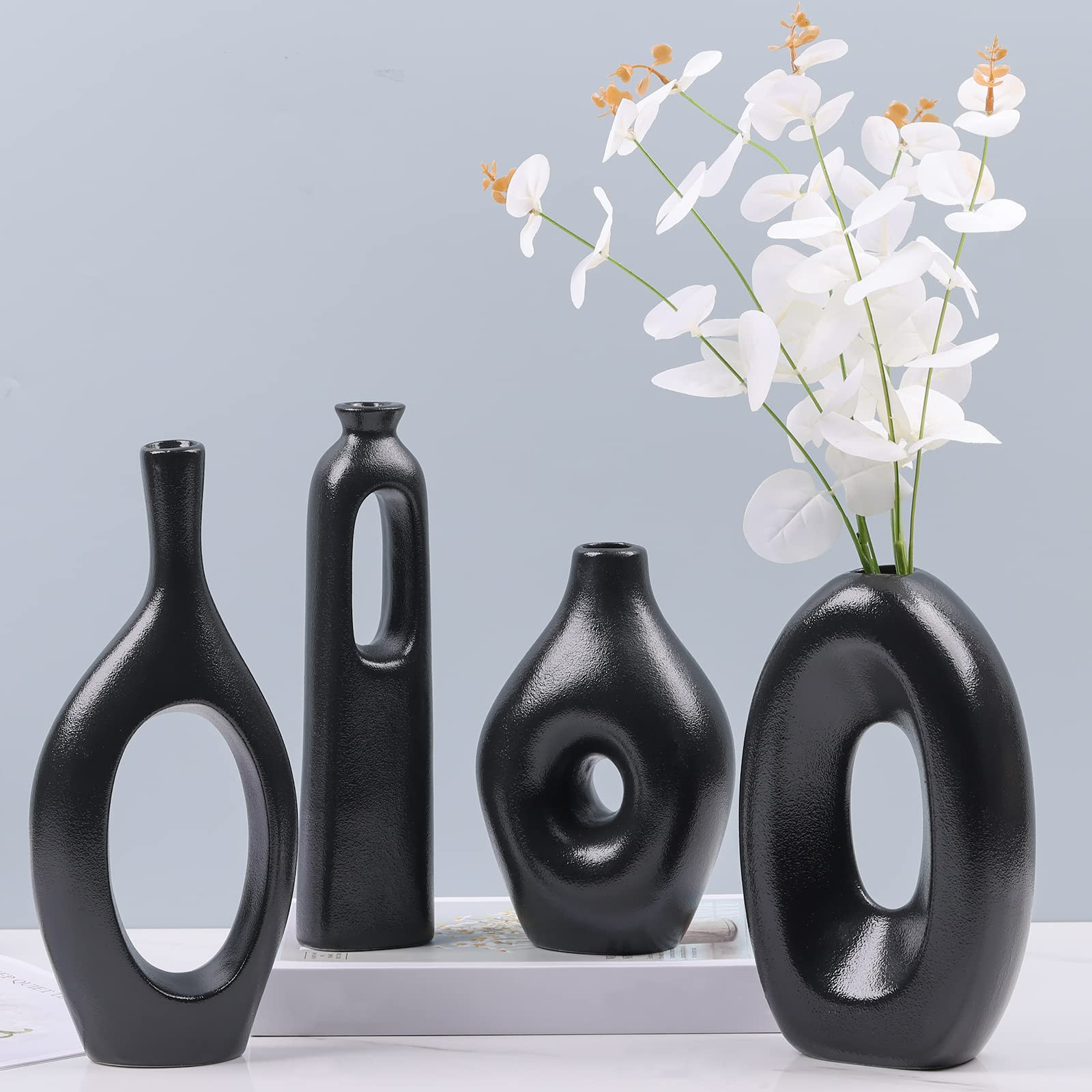 Black Ceramic Vase for Home Decor Set of 4 - Oval Hollow Vase Nordic Black Round Vase for Pampas ... | Amazon (US)