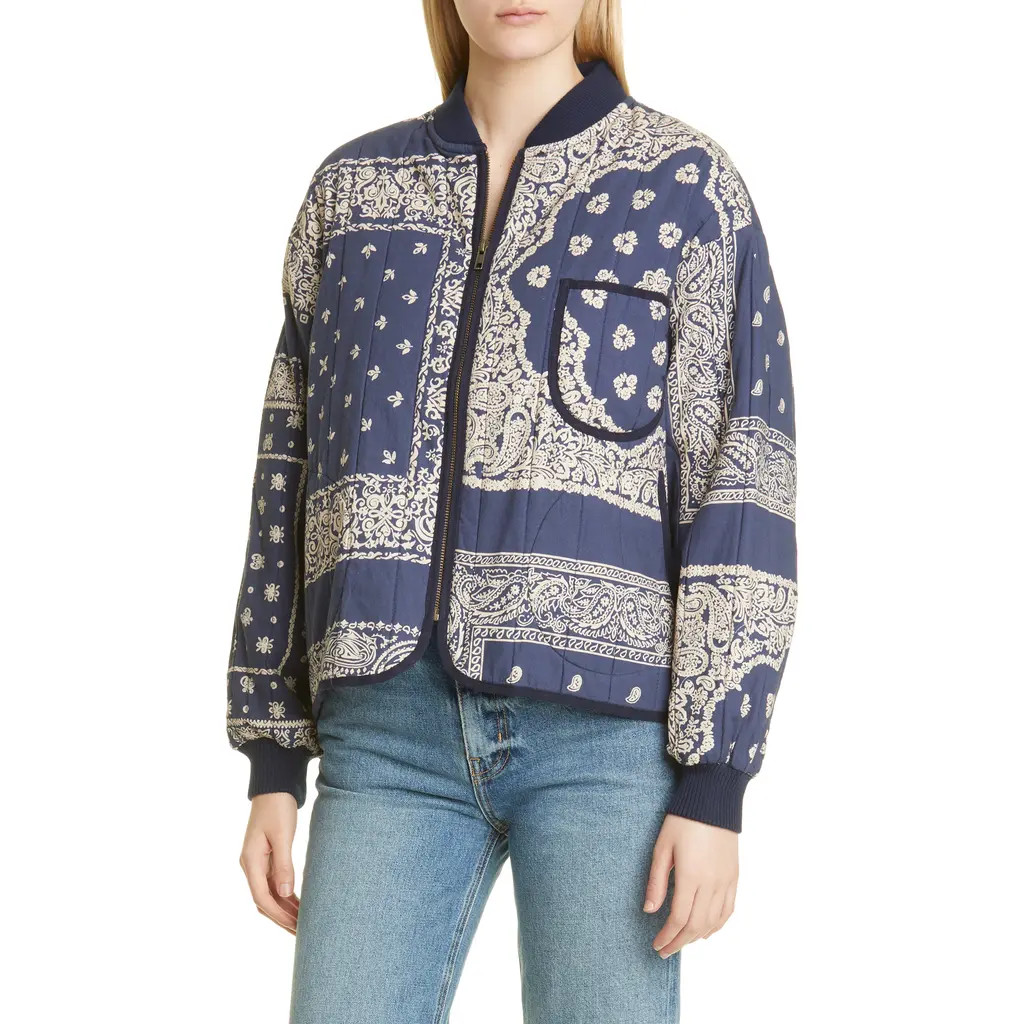 THE GREAT. The Bandana Print Quilted Bomber Jacket in Navy Bandana Print at Nordstrom, Size 1 | Nordstrom