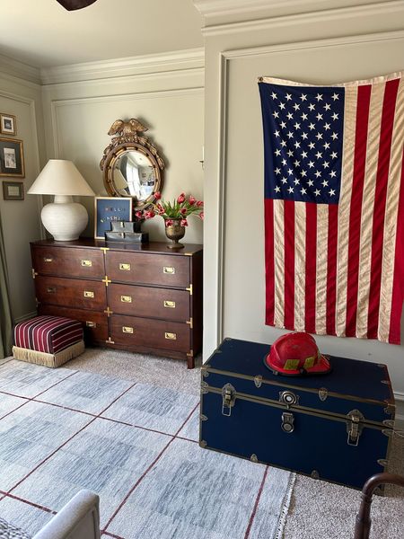Leo bedroom, trunk, pottery barn, oushak, area rug, federal campaign dresser, preppy decor, 

#LTKhome